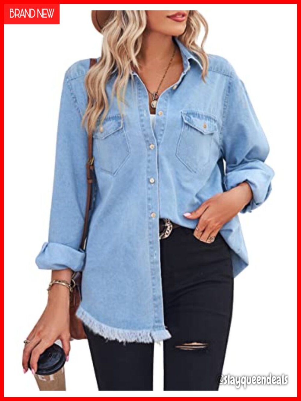 Women's Denim Button Down Shirt Long Sleeve Chambray Collared Casual Blouse